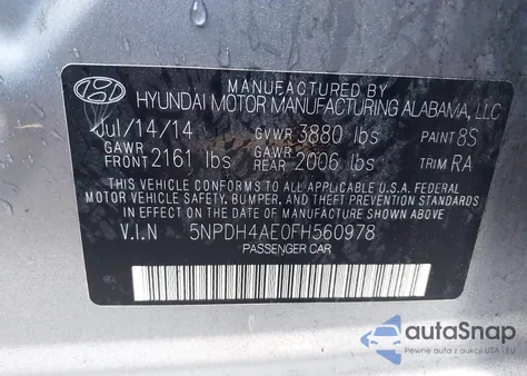2015 Hyundai Elantra Se from USA, damaged, VIN 5NPDH4AE0FH560978